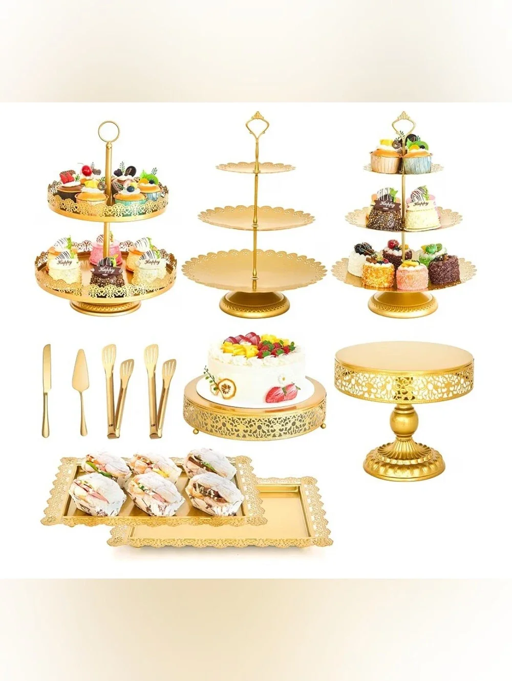 11 PC Gold Dessert Serving Set - Elegant Party Cake Stands & Trays NIB